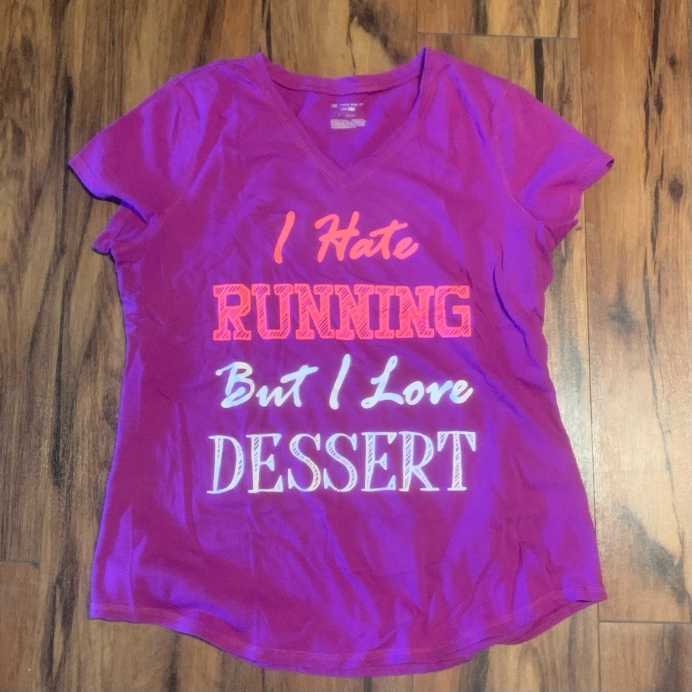 “I hate running but I love desserts” Magenta v-neck tshirt - w’s large